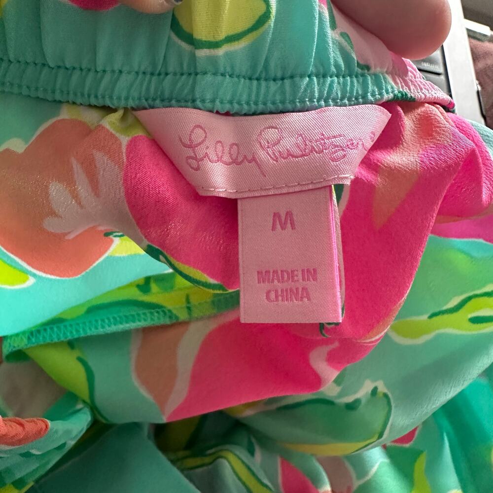 Lilly Pulitzer (M) Turquoise Hibiscus Floral Print Wide Leg Lightweight Pant - Picture 6 of 8